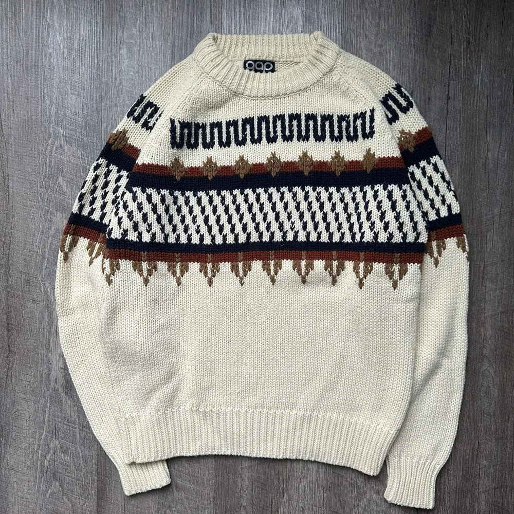 VTG GAP Sweater Mens Small Cream Brown Striped‎ Crewneck Pullover Nomadic  Y2K